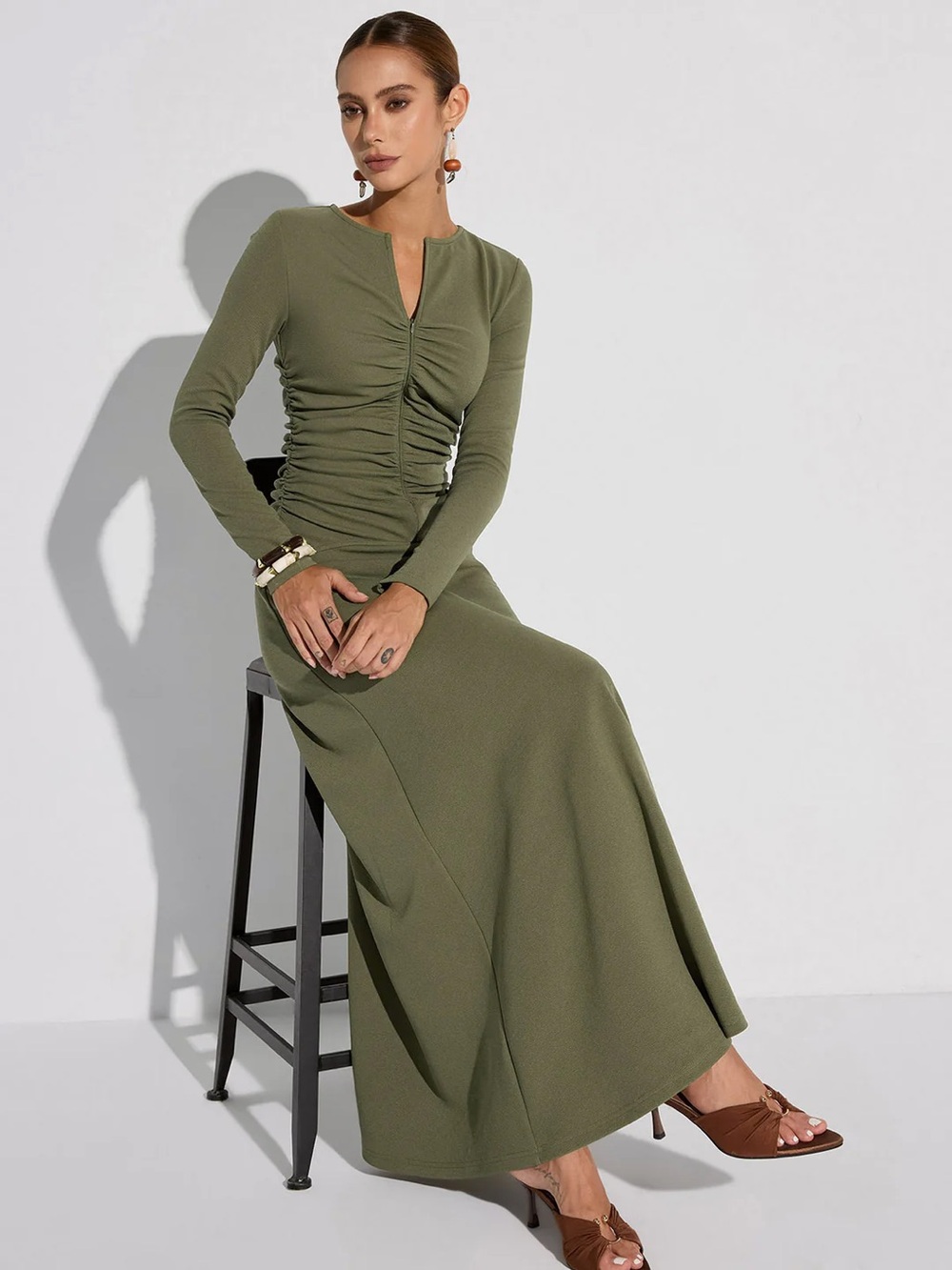 COMMENSE Zipper-Front Ruched Maxi Dress - size Small